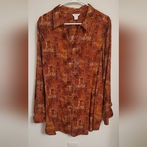 Intro. Abstact Warm-Toned Patterned Button Down Shirt Size Large Artsy Office